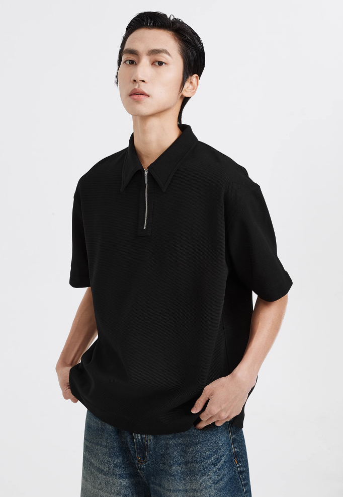 Textured Zip Polo Shirt Short Sleeve