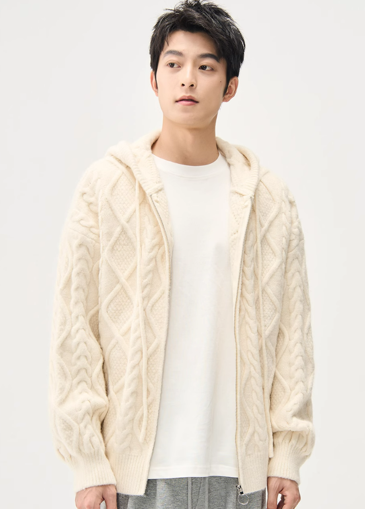 Cable Knit Hooded Zip Jacket with Pockets