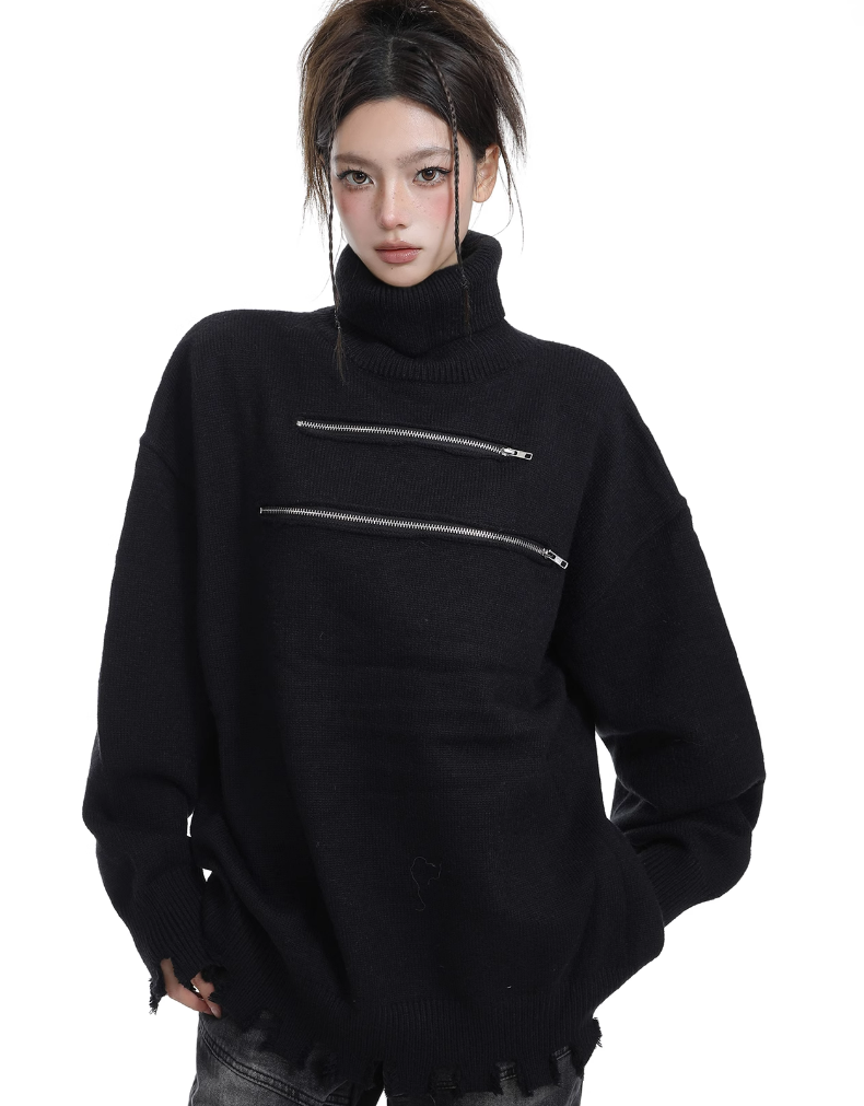 Distressed Hem Turtleneck Sweater with Zipper Detail