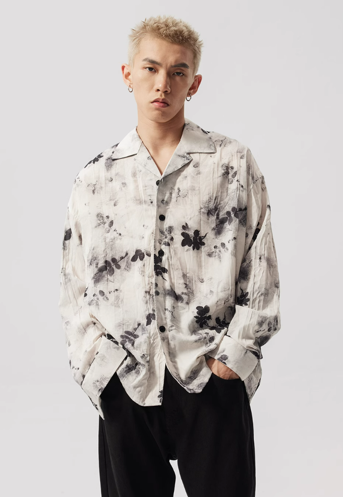 Leaves Print Long Sleeve Button-Up Shirt