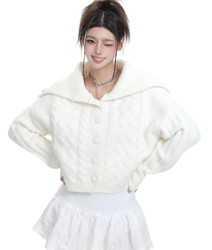 Textured Knit Short Button Cardigan with Sailor Collar