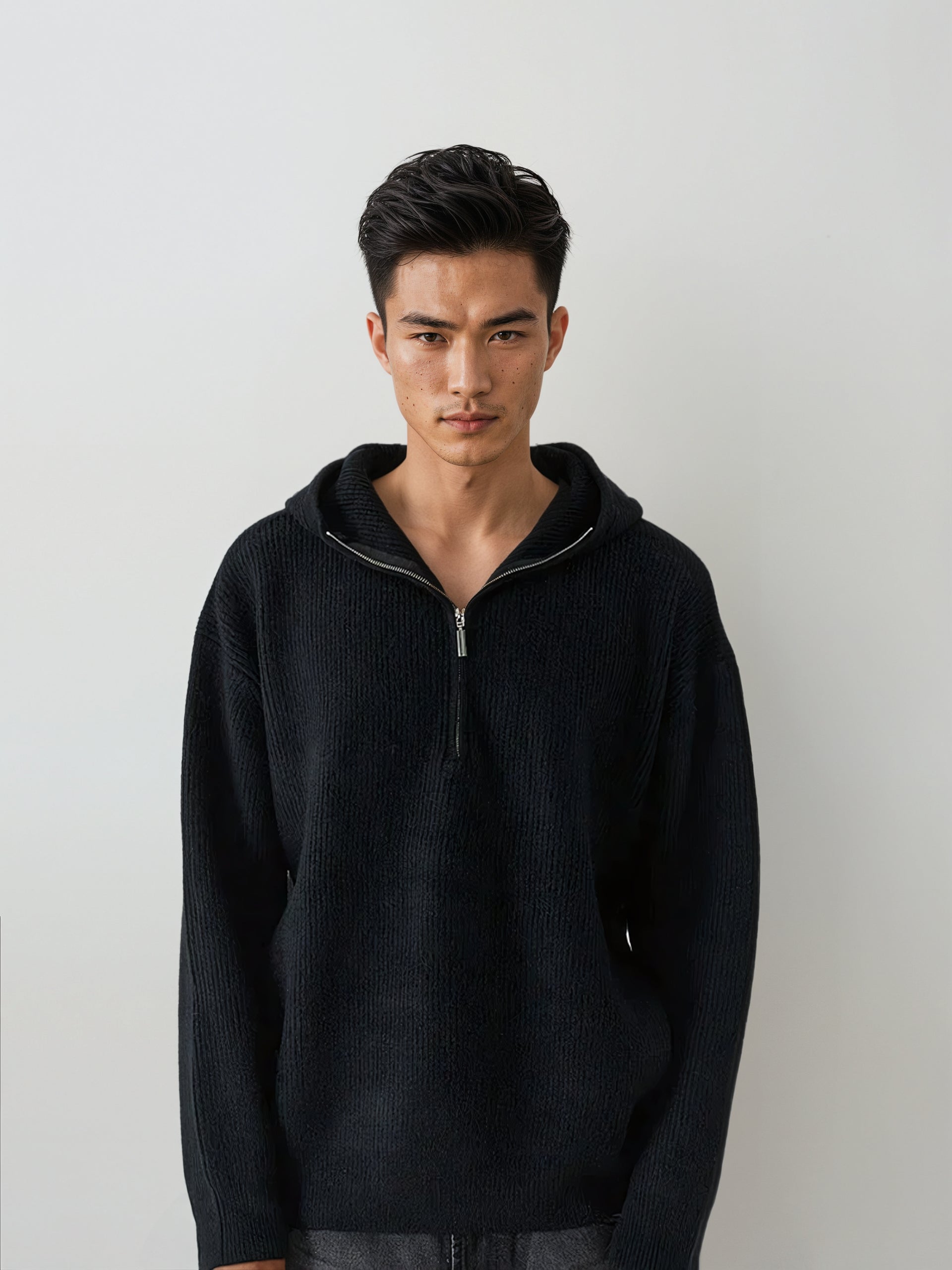 Ribbed Half Zip Knit Hoodie