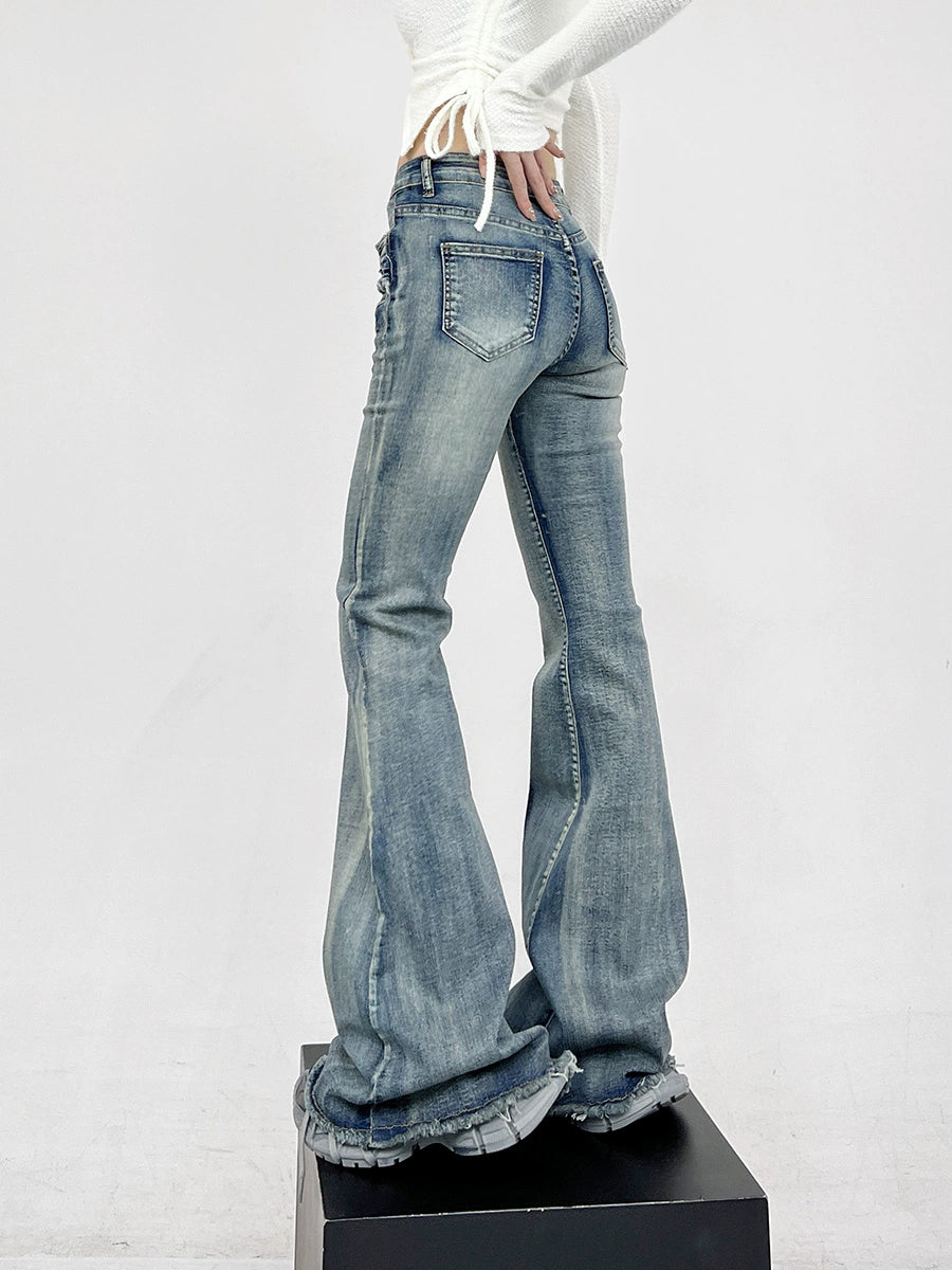 Layered-Effect Denim Flare-Leg Jeans with Grommet Belt Detail