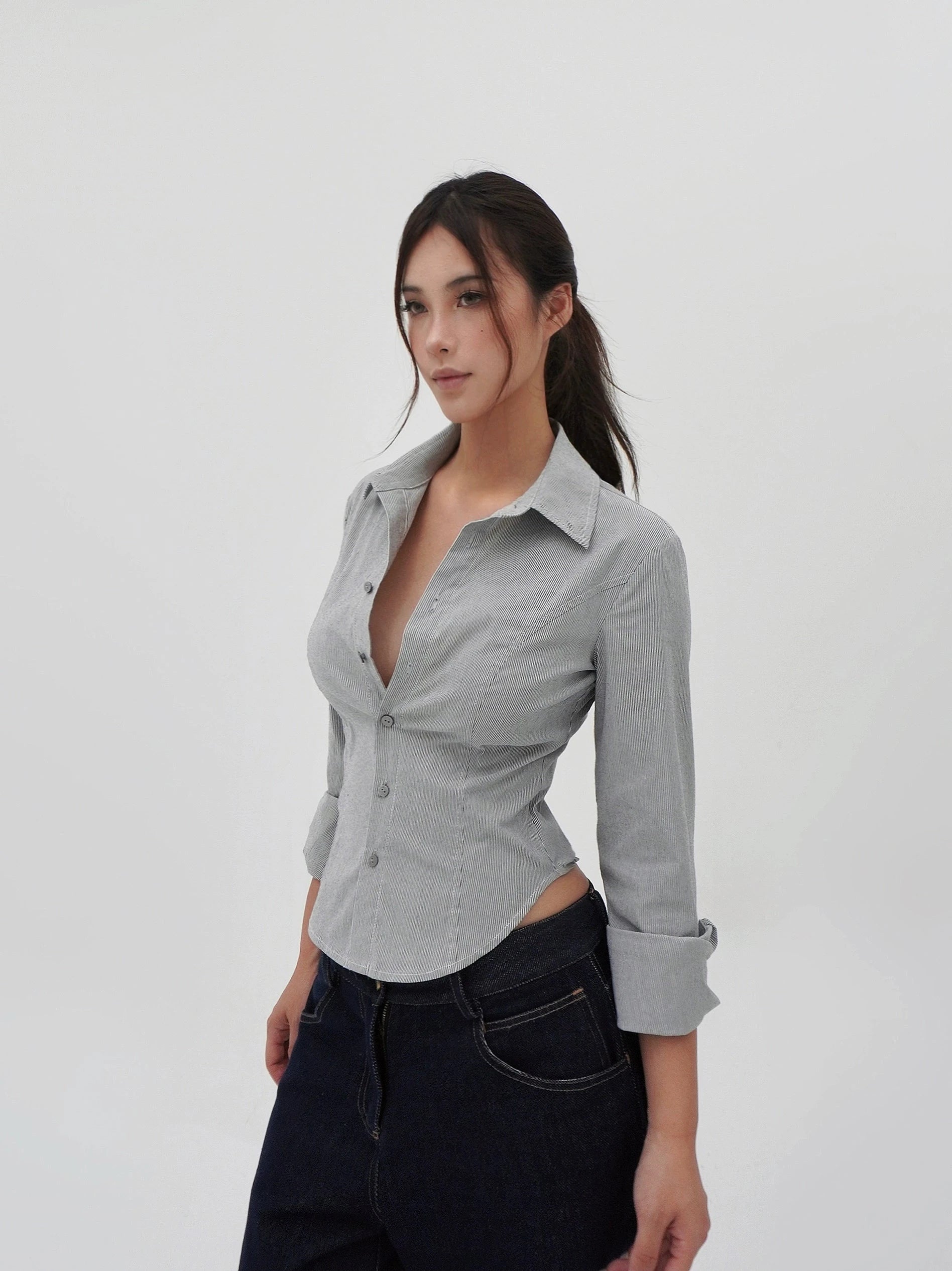 Pinstripe Collared  Button-Down U Hem Shirt