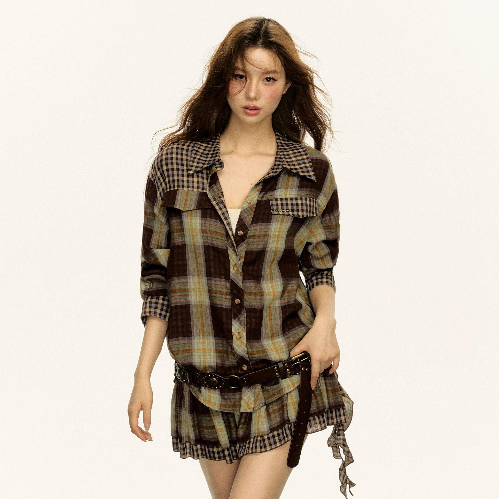 Checker Patchwork Plaid Long-Sleeve Button Shirt and Pleated Mini Skirt Two-Piece Set