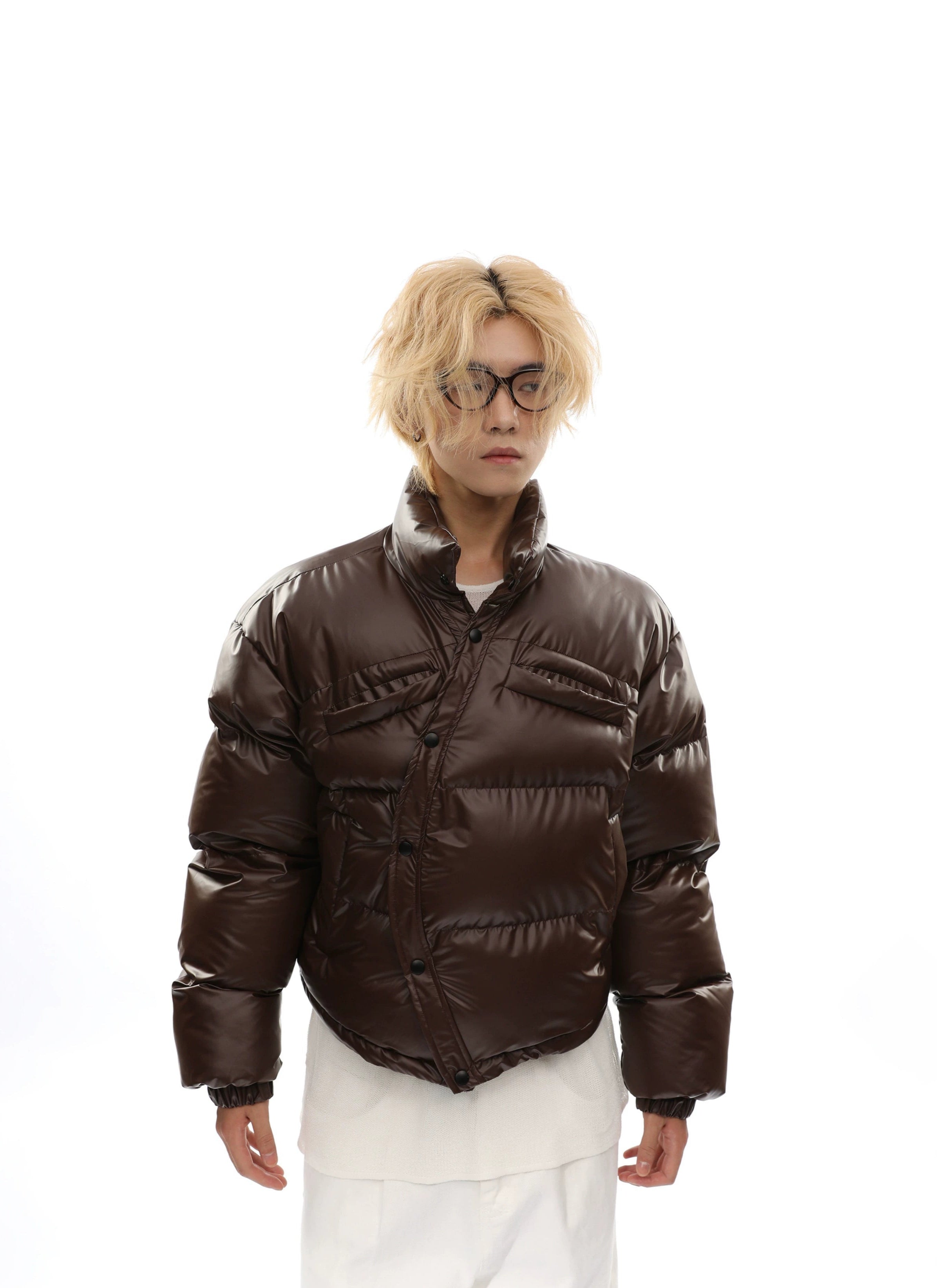 Curve-Hem Faux Leather Puffer Jacket