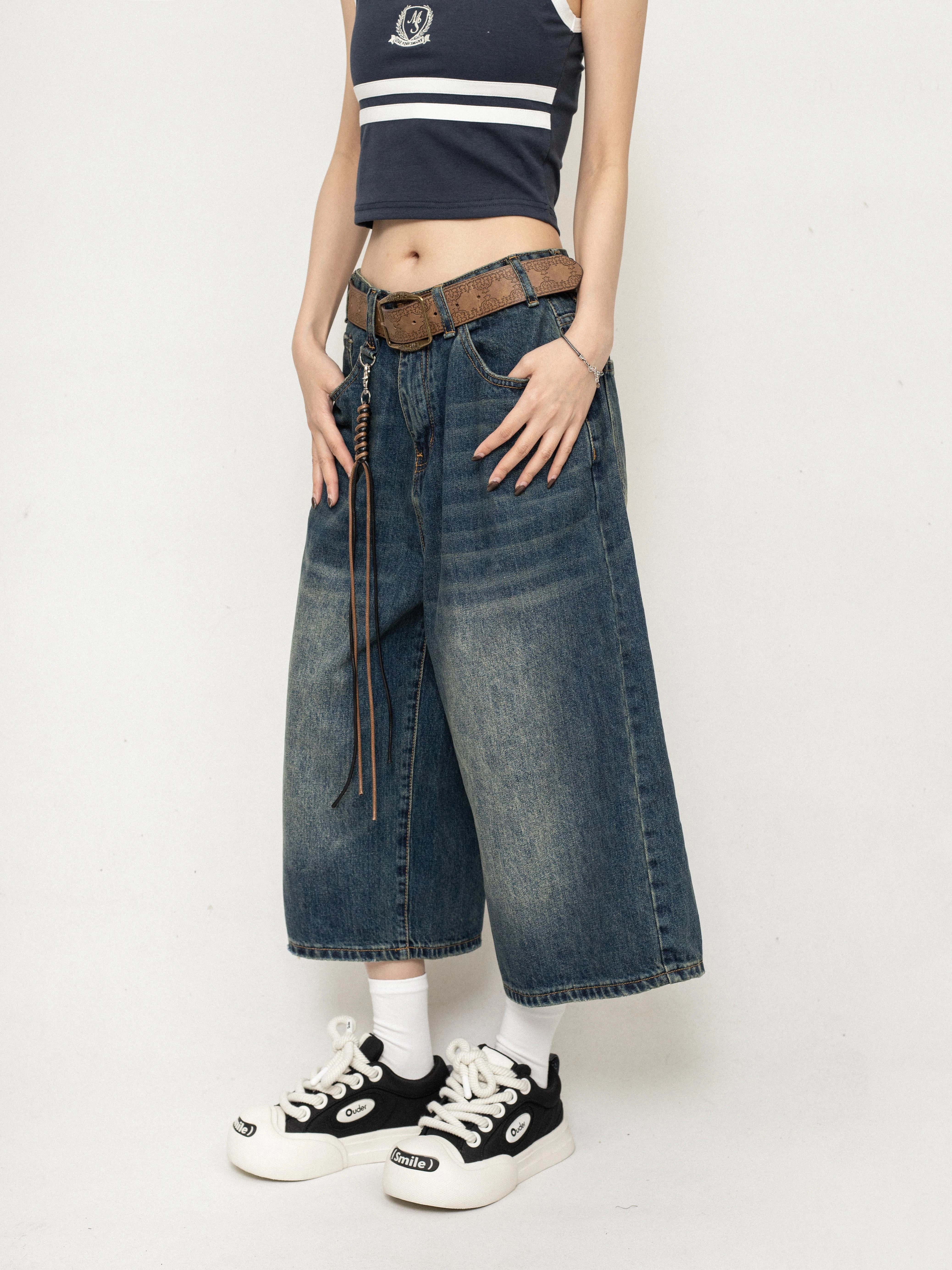 Wide-Leg Denim Bermuda Long Jorts with Faded Wash