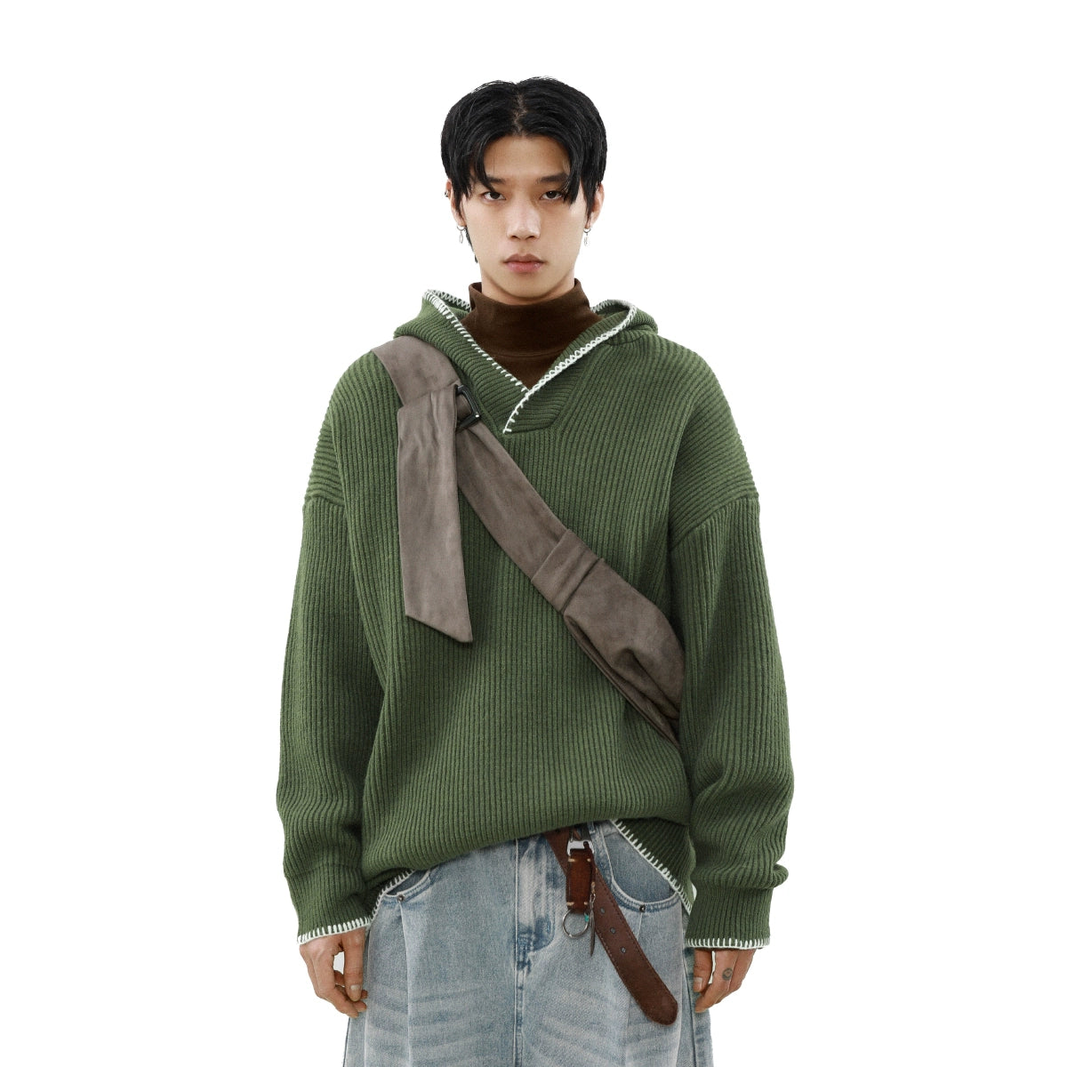 Drop Shoulder Contrast Trim Ribbed Hoodie