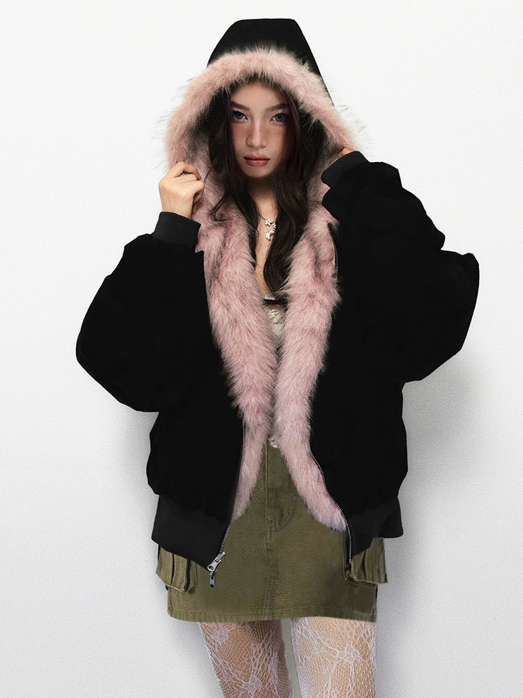 Faux Fur Trim Hooded Zip Puffer Jacket