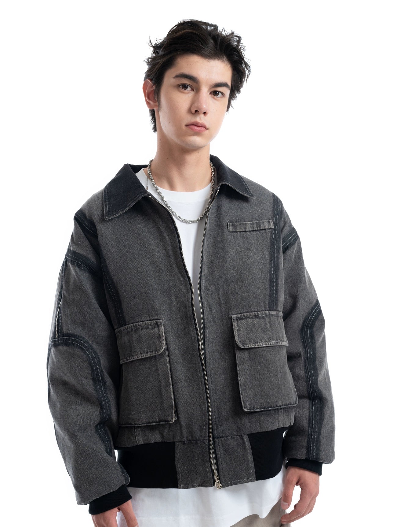 Contrast Stitch Denim Cargo Jacket with Flap Pockets