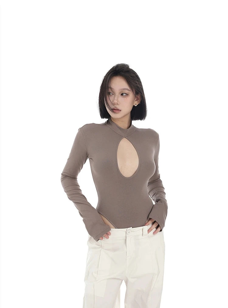 Keyhole Cutout Mock Neck Long Sleeve Bodysuit