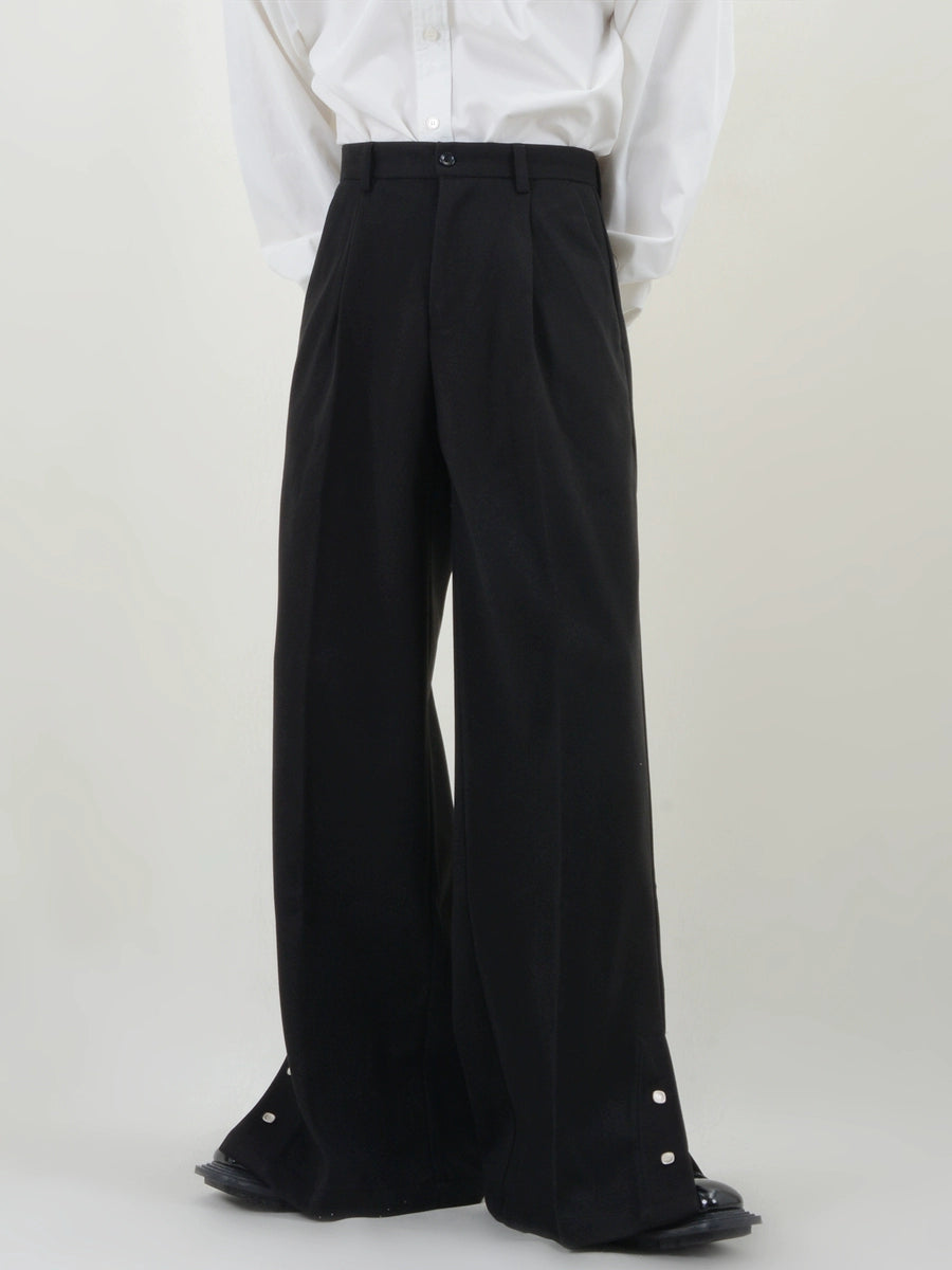 Pleated Button Hem Wide-Leg Trousers