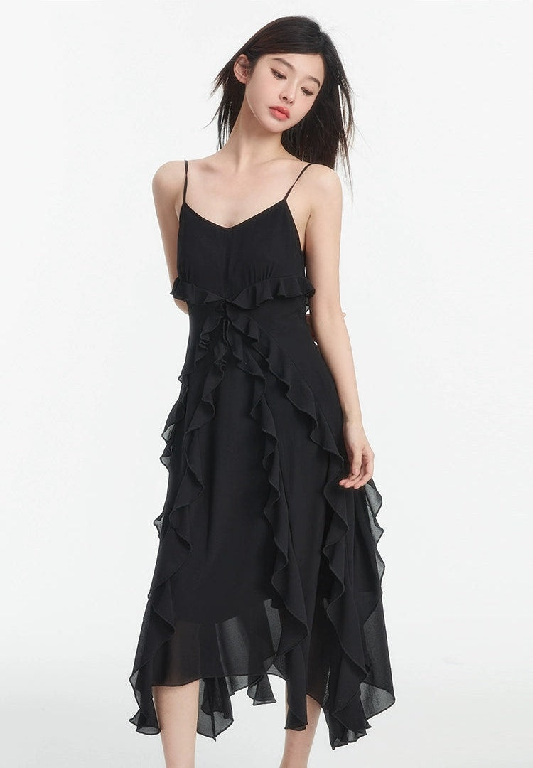 Asymmetrical Ruffle Hem Midi Dress with Spaghetti Straps