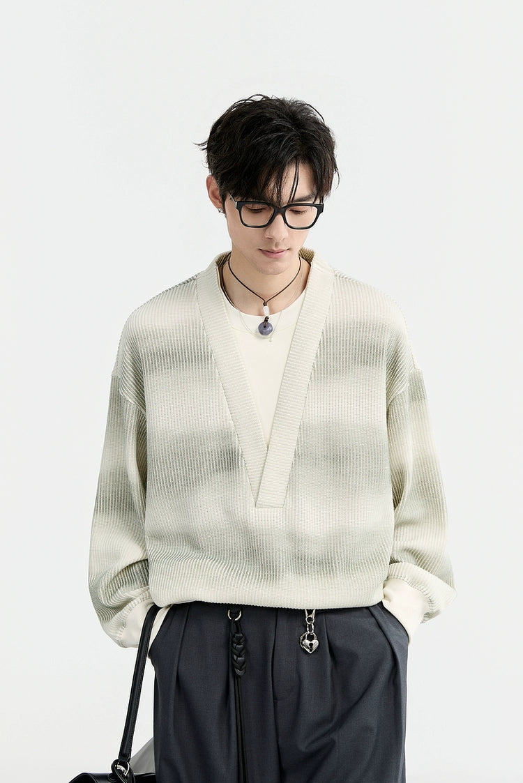 Mock Layered Gradient Ribbed V-Neck Knit Sweater