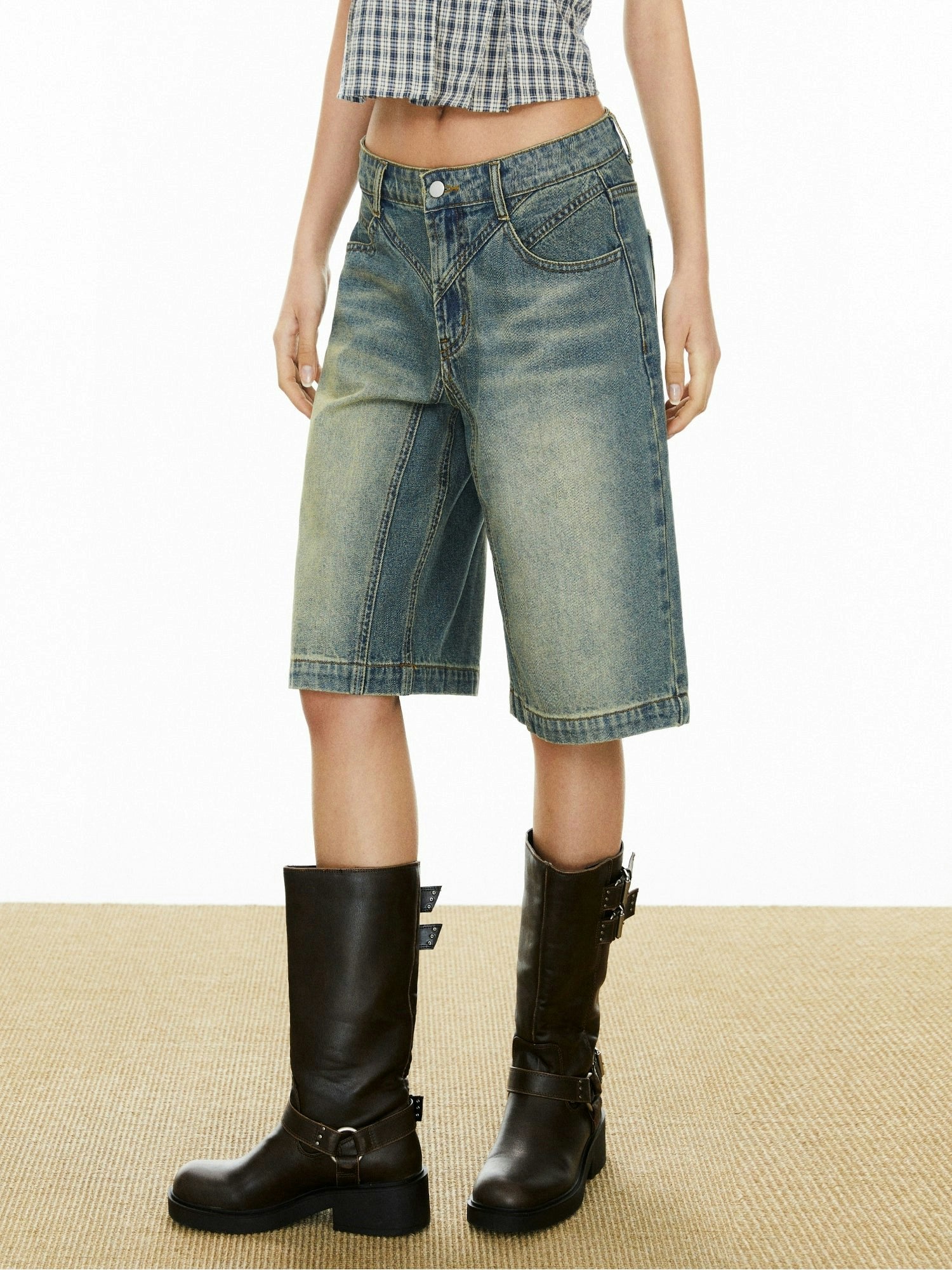 Denim Bermuda Shorts with Contrast Stitching