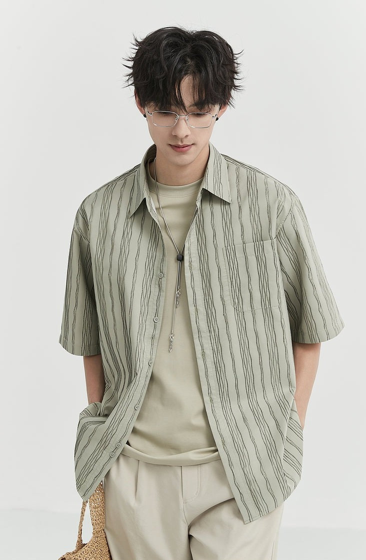 Wave-Stripe Short Sleeve Button Shirt with Pocket