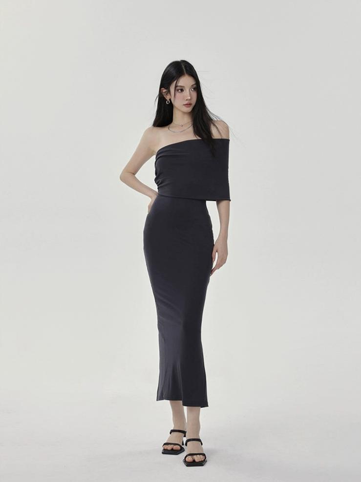 One-Shoulder Ruched Layered Midi Dress