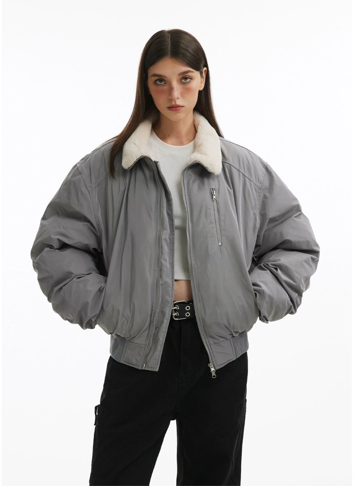 Fleece Lined Oversized Puffer Jacket with Zip Pocket Detail