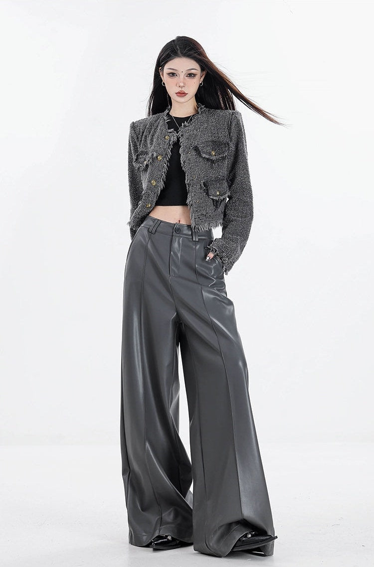 Wide Leg Single-Pleat Faux Leather Pants