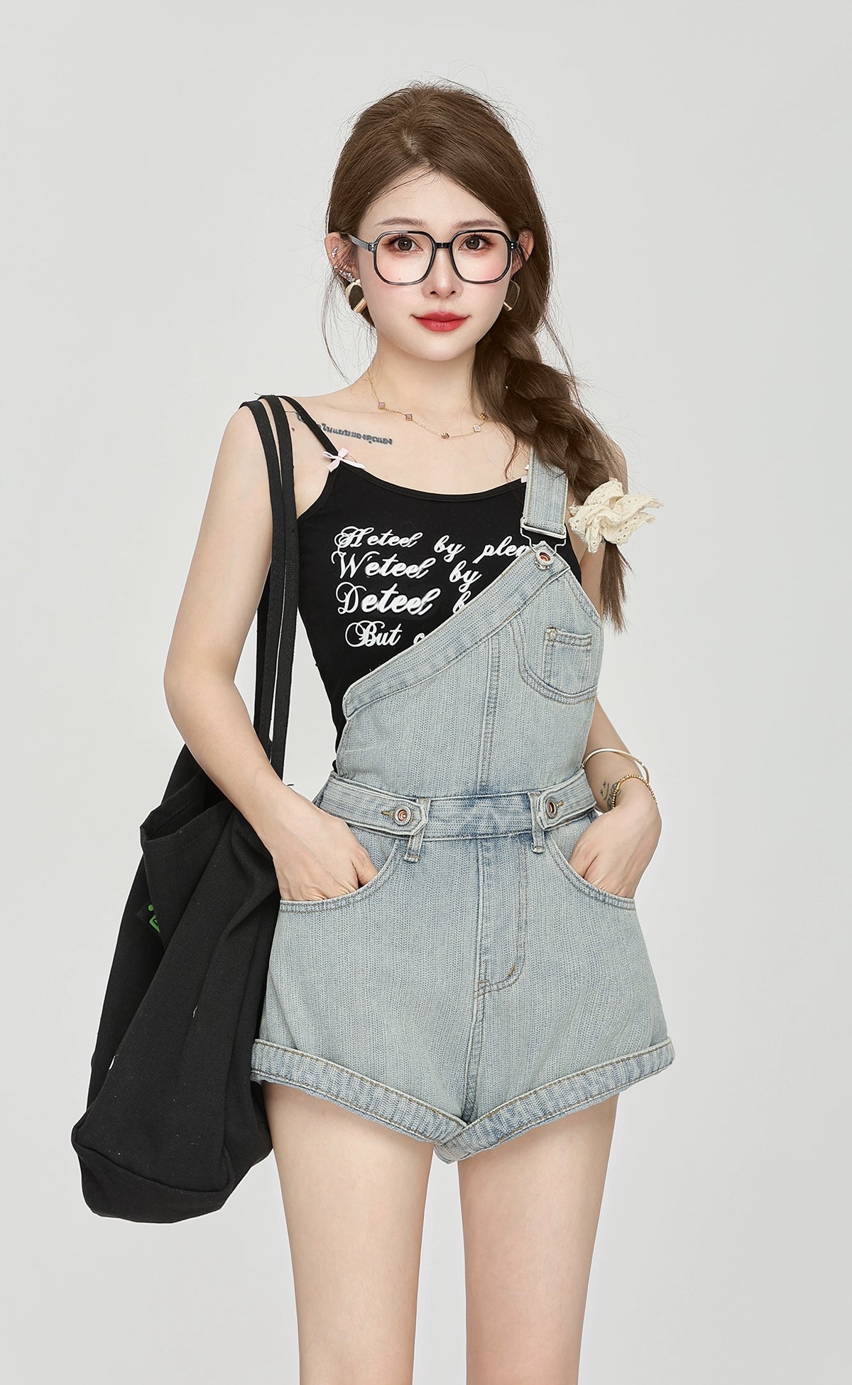 Denim Overalls Romper with Front Pockets