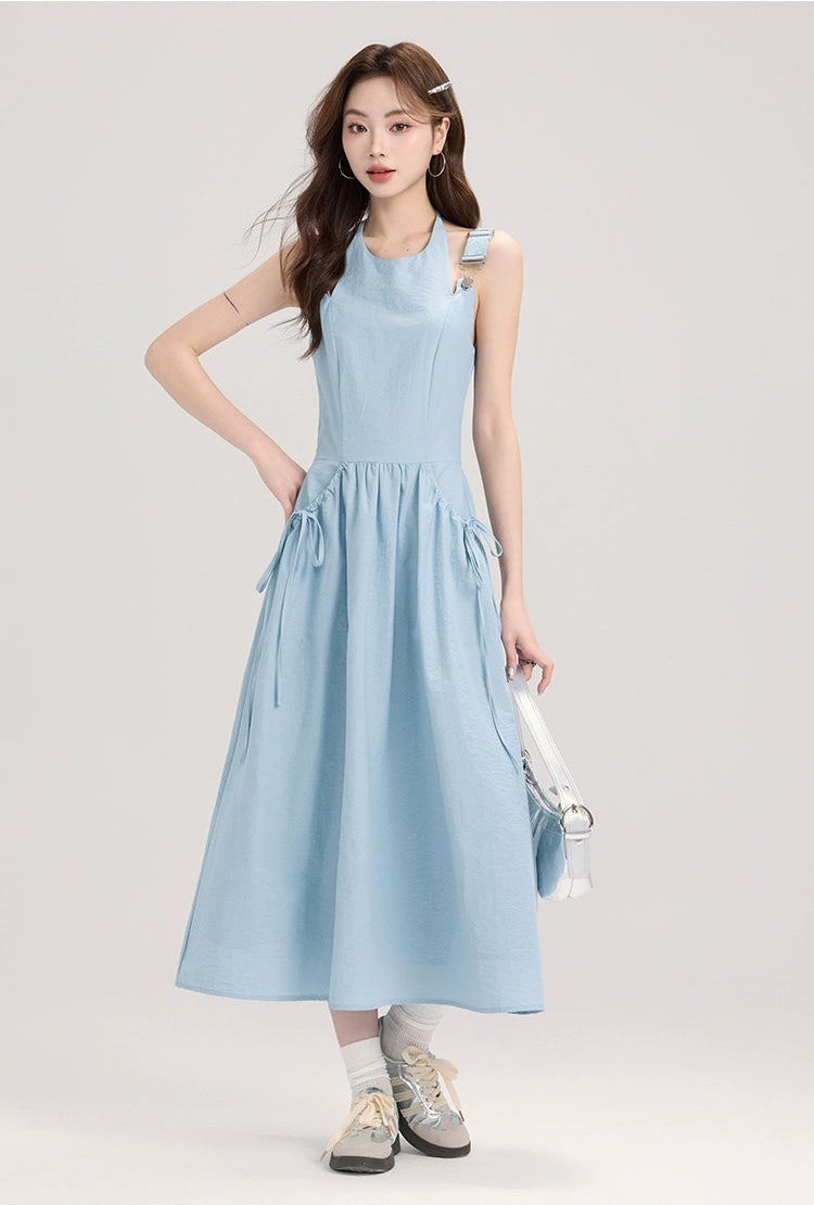 Sleeveless Midi Dress with Bow Tie Pockets