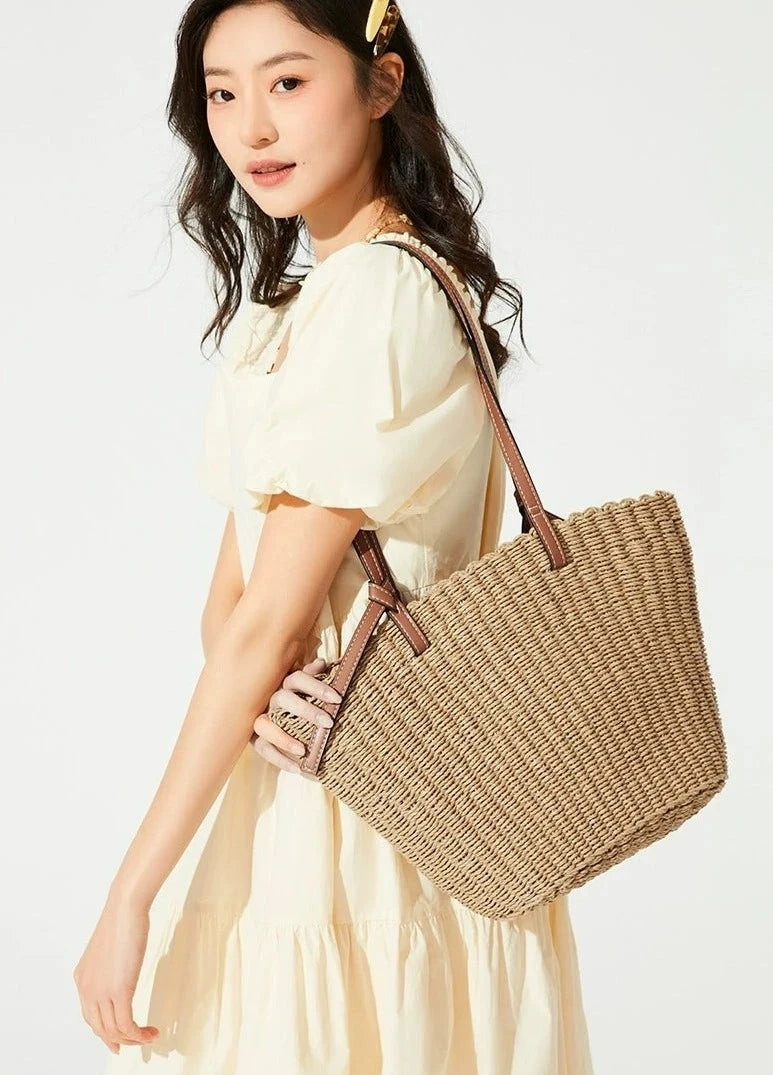 Woven Straw Shoulder Tote with Leather Straps