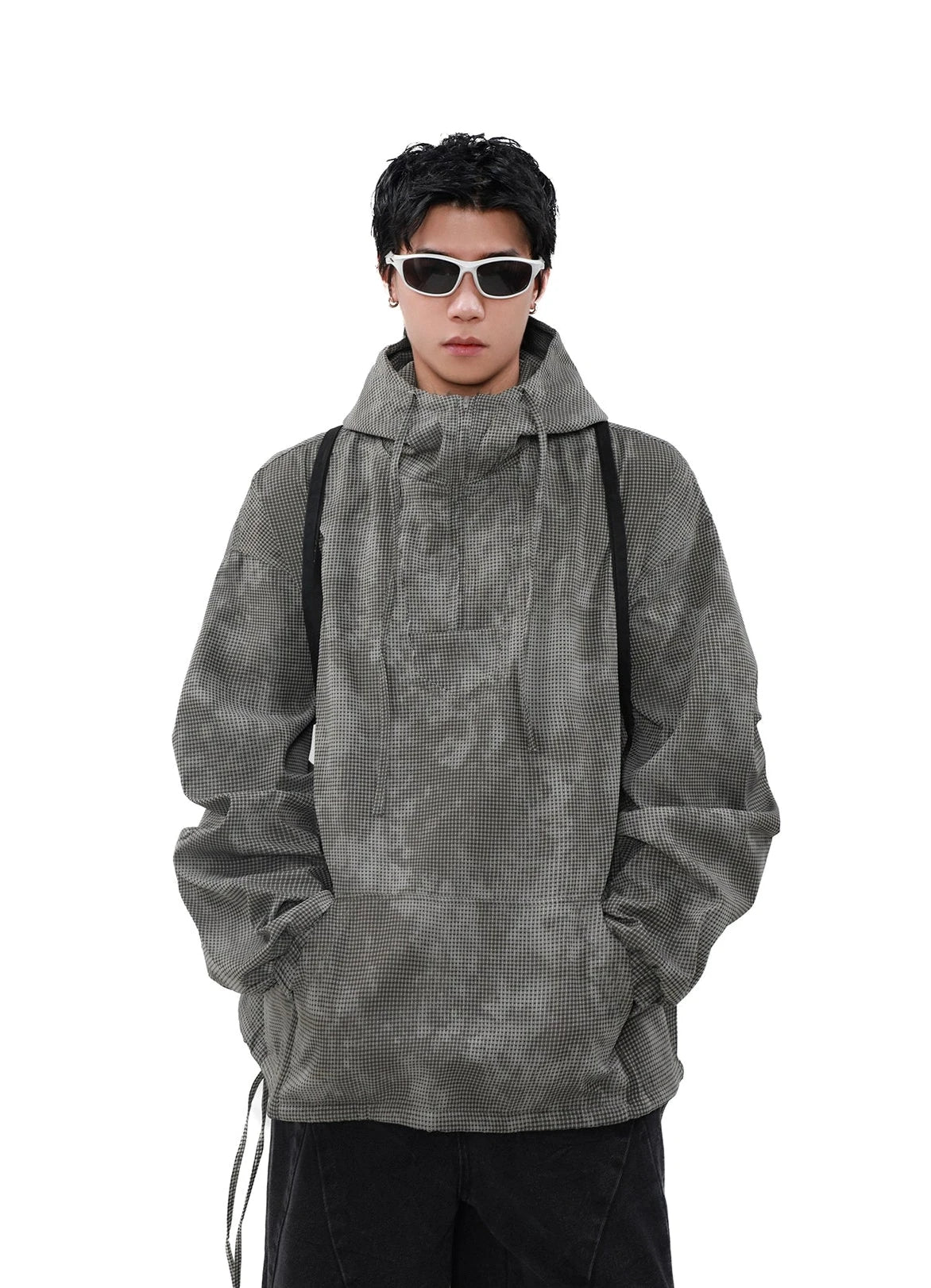 Oversized Waffle-Texture Camo Hooded Jacket with Adjustable Hem