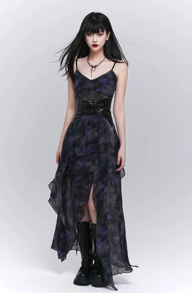 Asymmetric Hem Floral Sheer Overlay Dress