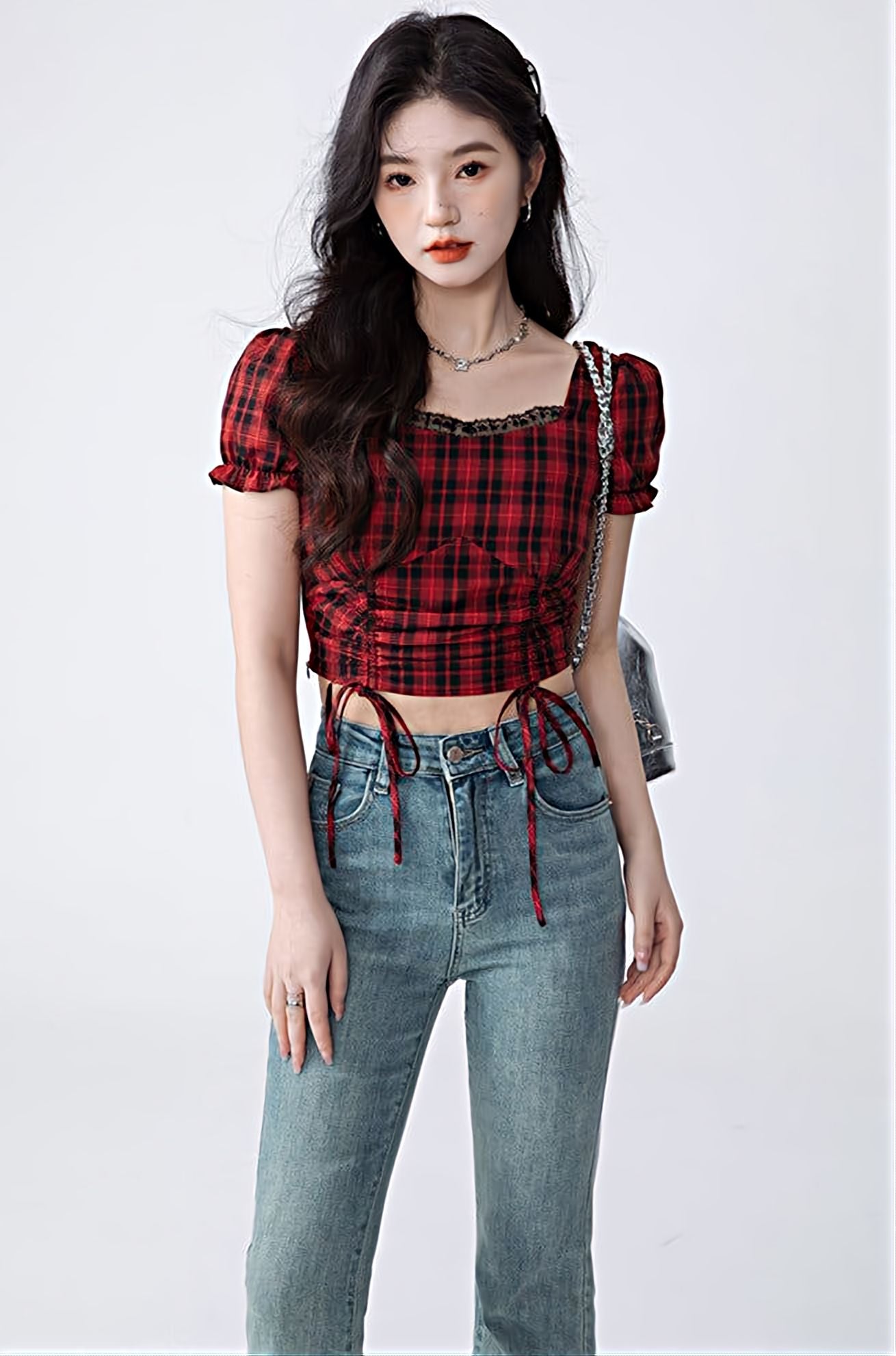 Plaid Ruched Puff Sleeve Crop Top