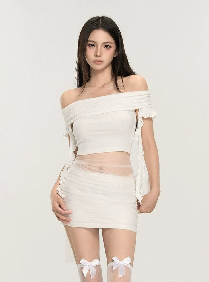 Off-Shoulder Ruched Crop Top with Tie Sleeves