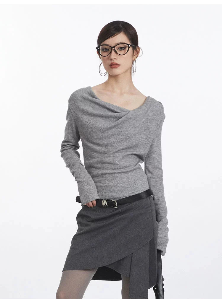 Asymmetric Cowl-Collar Long Sleeve Lightweight Top