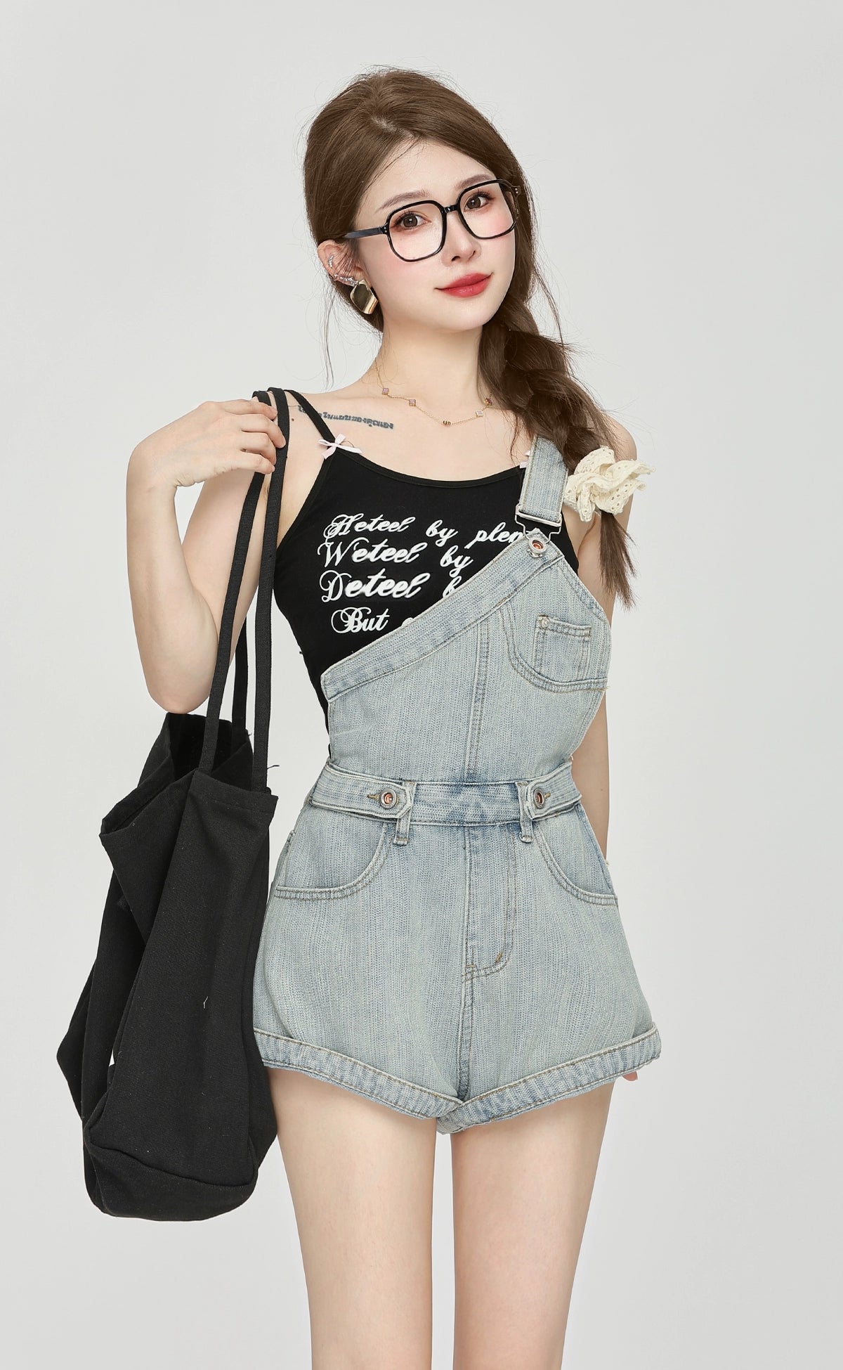 Denim Overalls Romper with Front Pockets