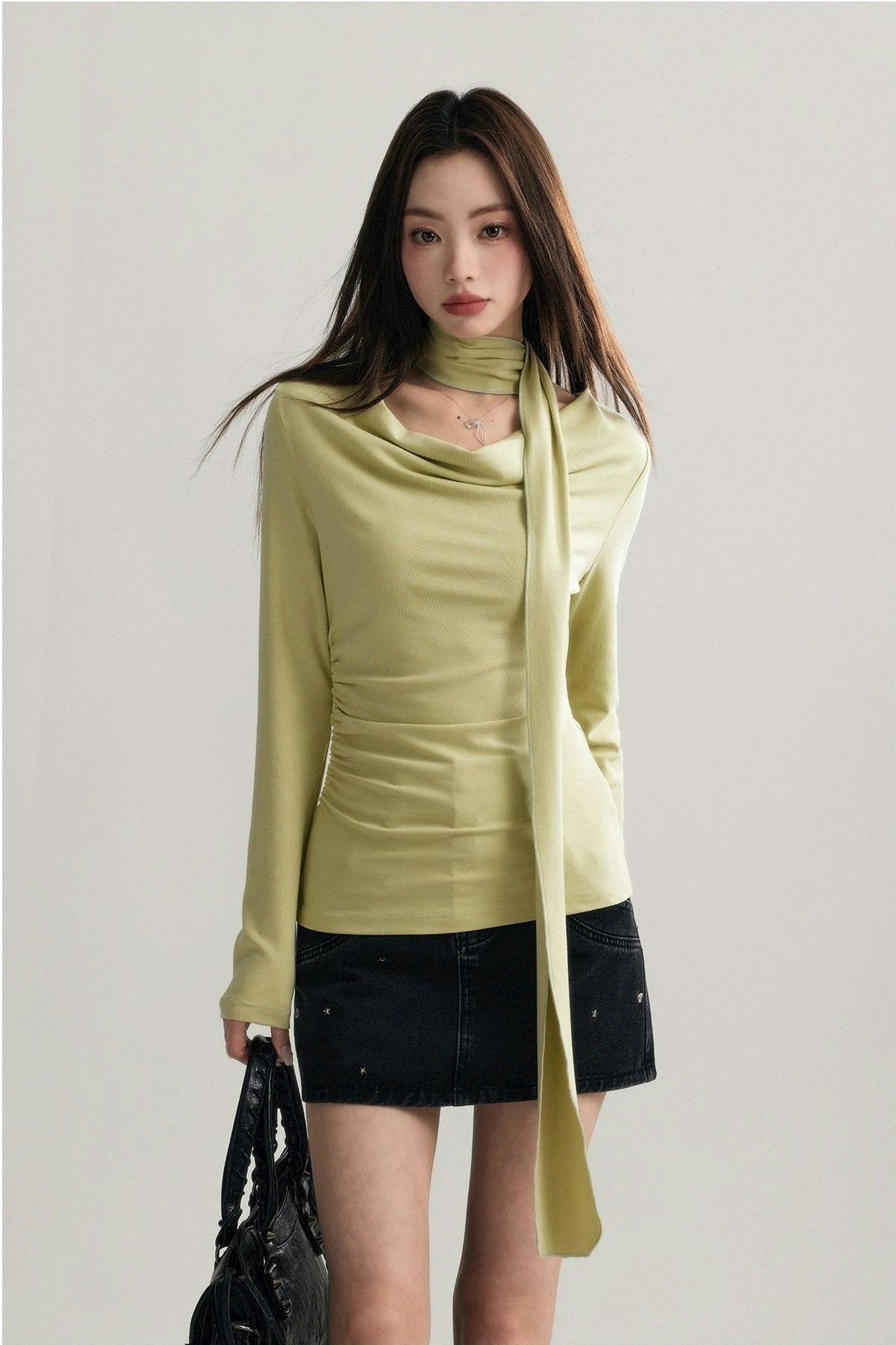 Asymmetrical Draped Neckline Long Sleeve Top with Scarf