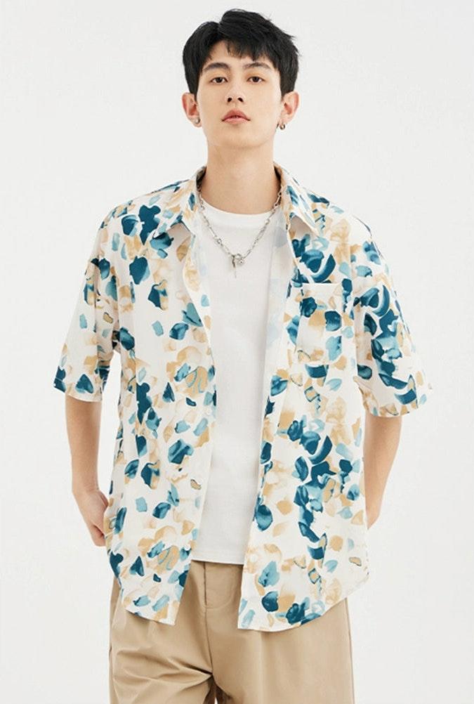 Floral Stamp Print Short Sleeve Button-Up Shirt