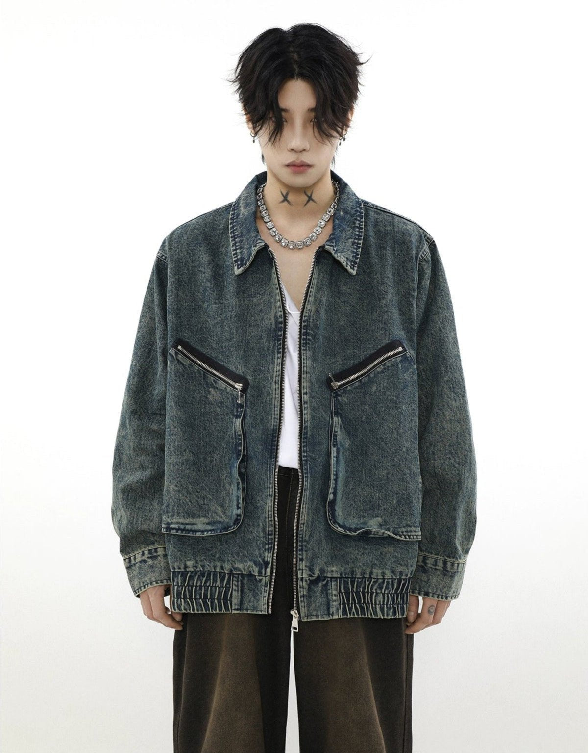 Acid Wash Denim Bomber Jacket with Zip Pockets