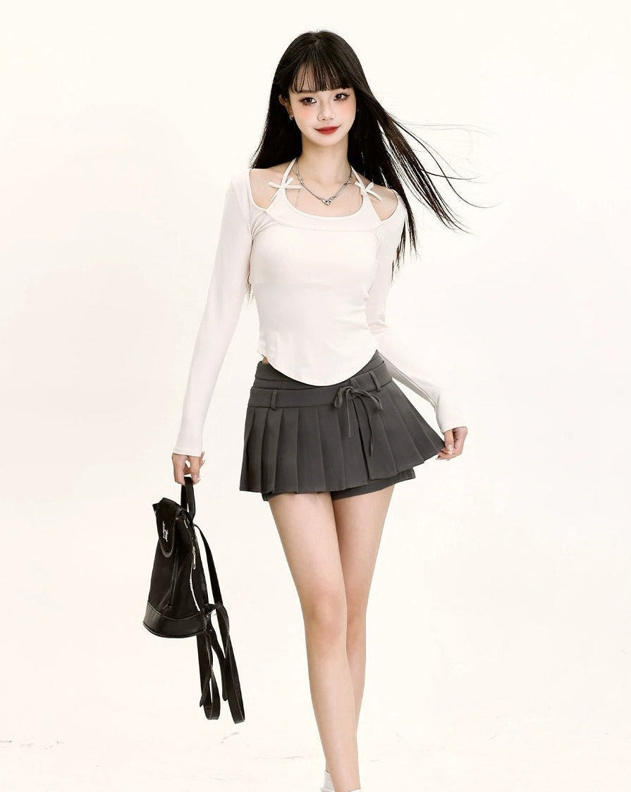 Pleated High-Waist Mini Skirt with Tie Belt