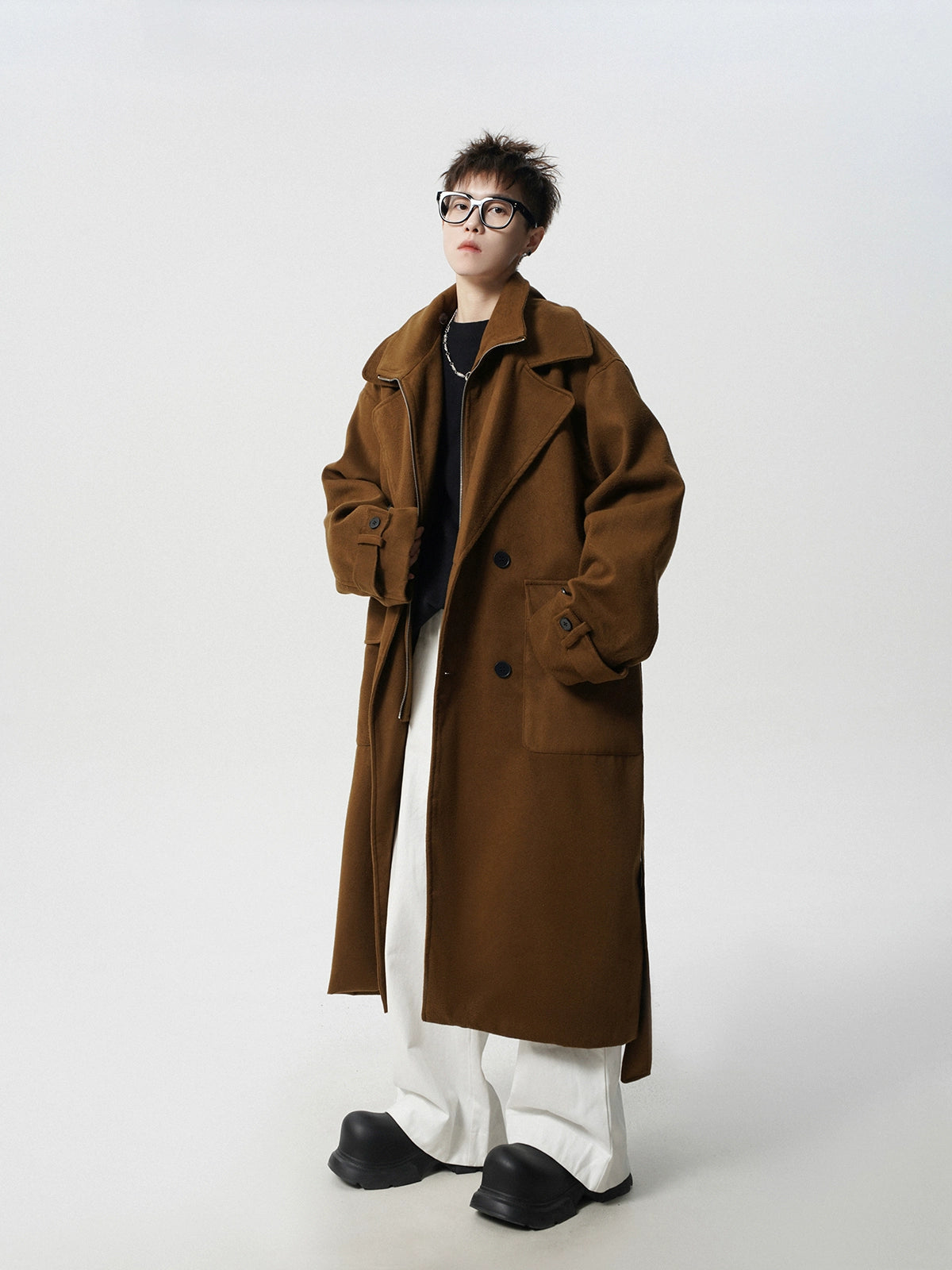 Oversized Mock-Layered Collared Wool Blend Coat