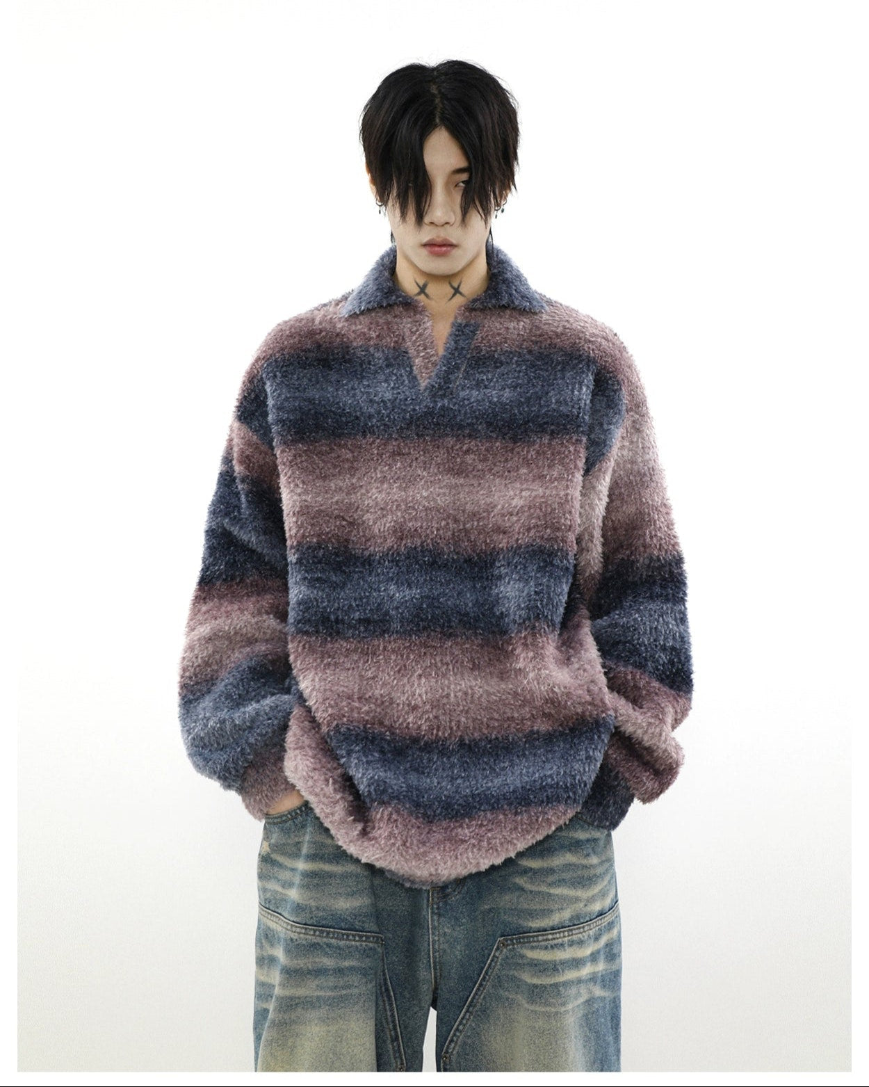 Plush Striped Open Collar Fuzzy Pullover