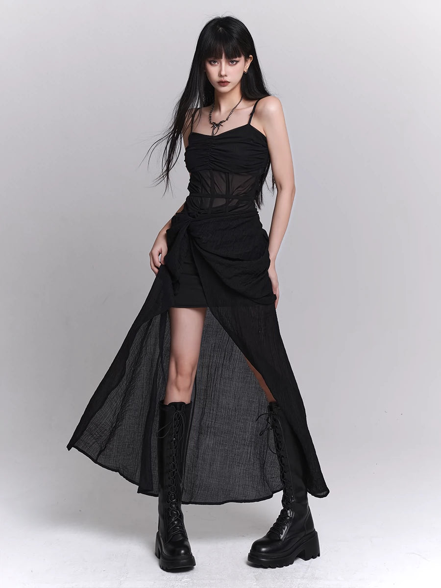 Asymmetrical Mesh Panel Sleeveless Maxi Dress