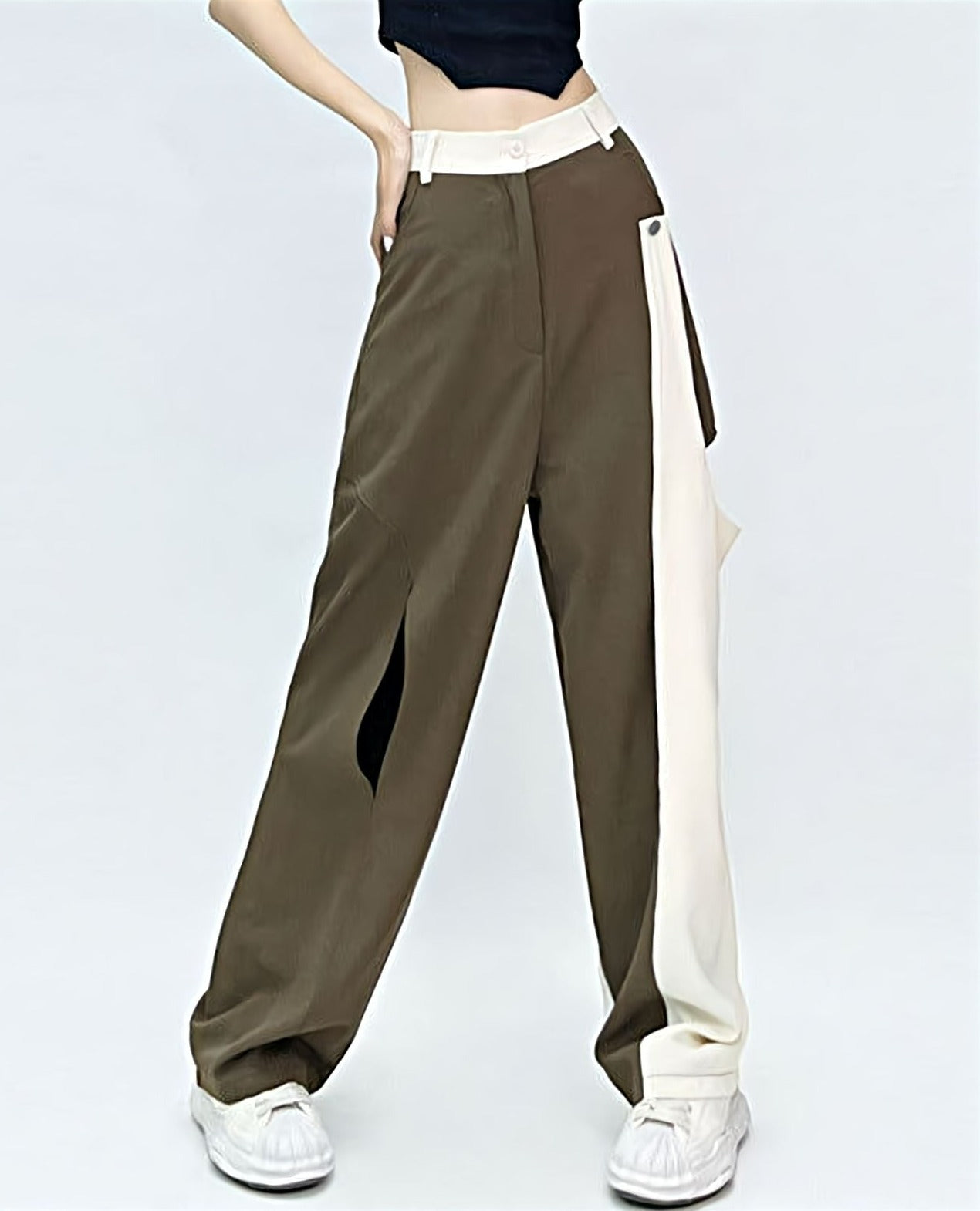 Color Block Wide Leg Pants with Side Cutouts