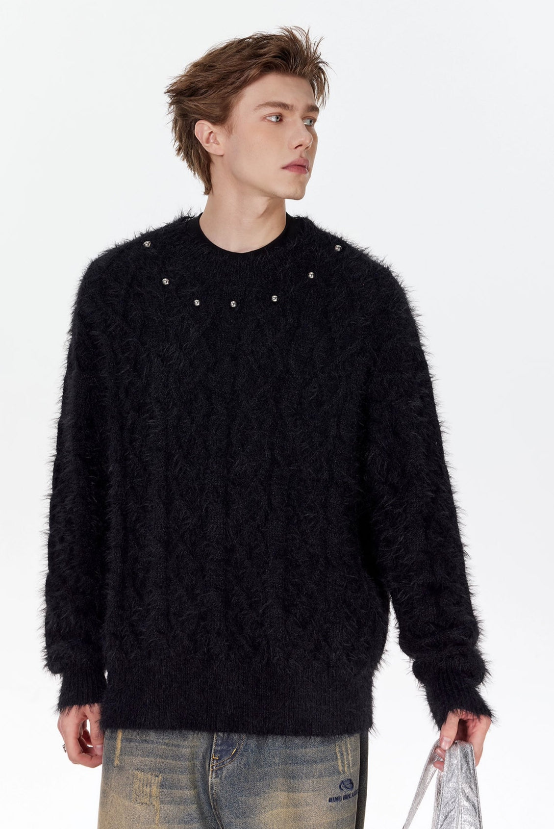 Studded Crew Neck Fuzzy Cable Knit Sweater