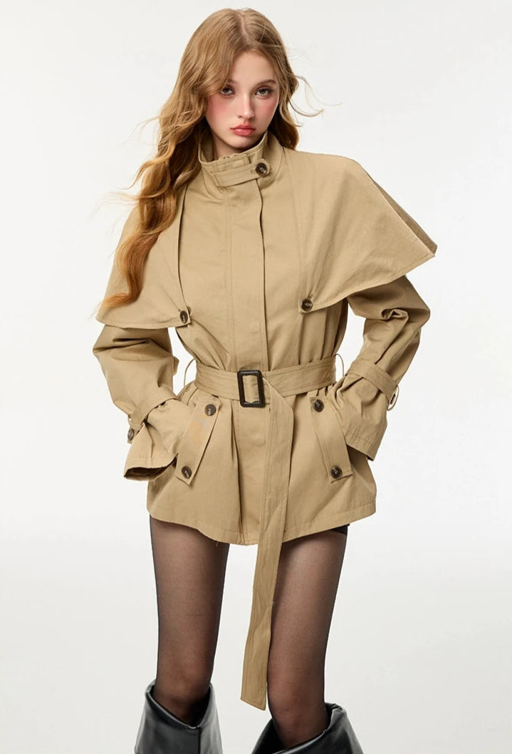 Oversized Stand Collar Trench Coat with Cape and Belt