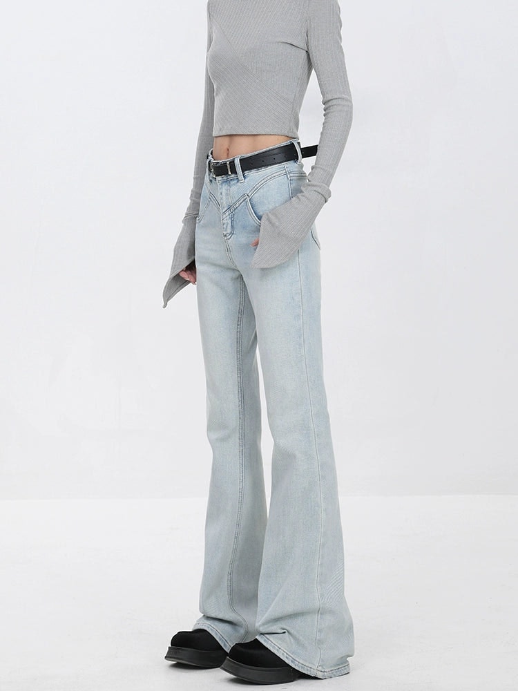 Skinny Flared Denim Jeans with Waist Stitch Detail