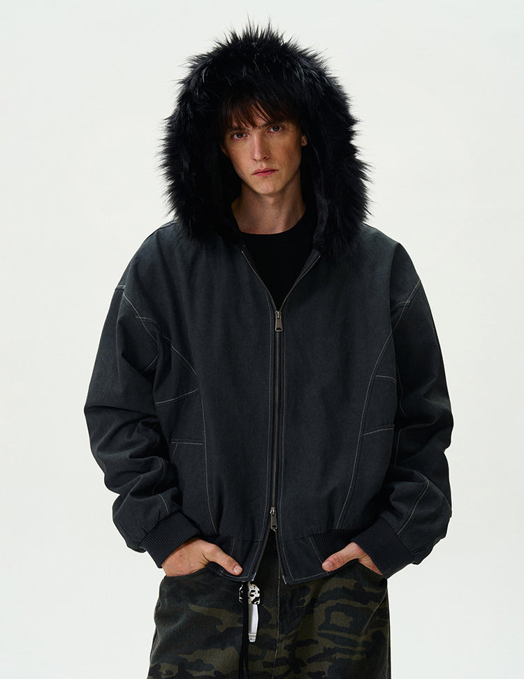 Contrast Stitch Oversized Faux Fur Hooded Bomber Jacket