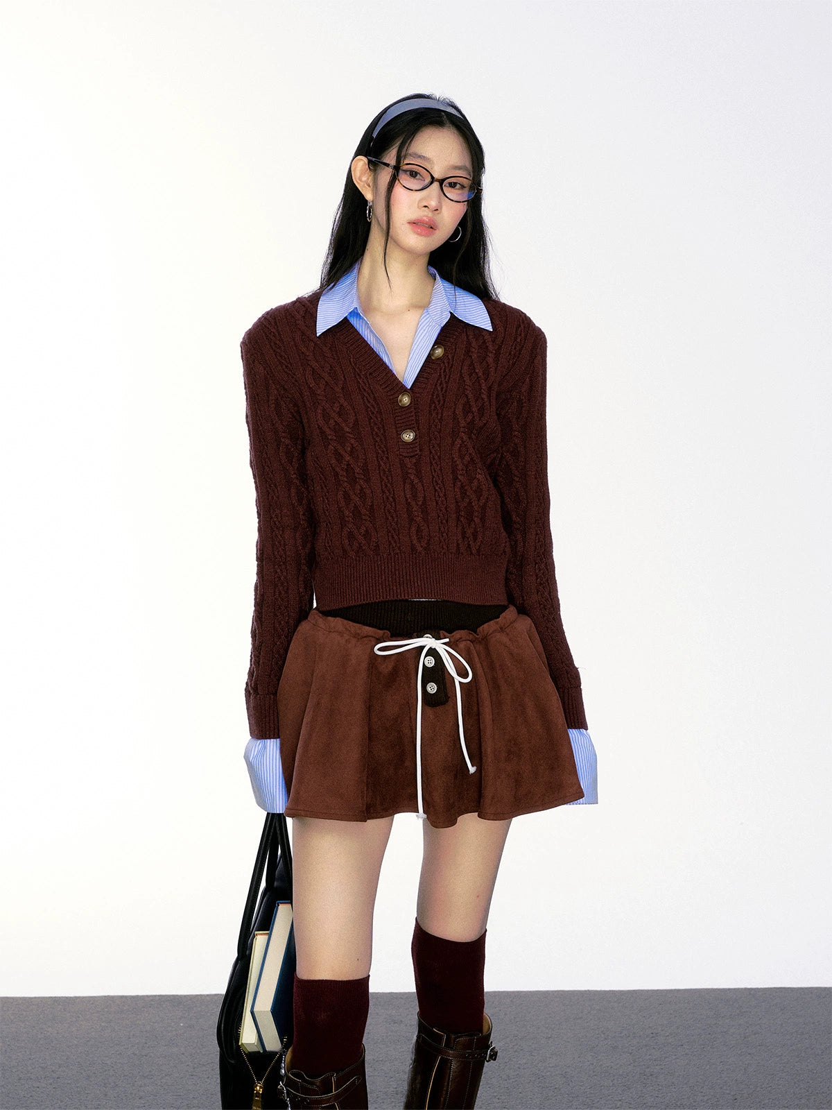 Mock Shirt-Collar Cable Knit Half Button Sweater