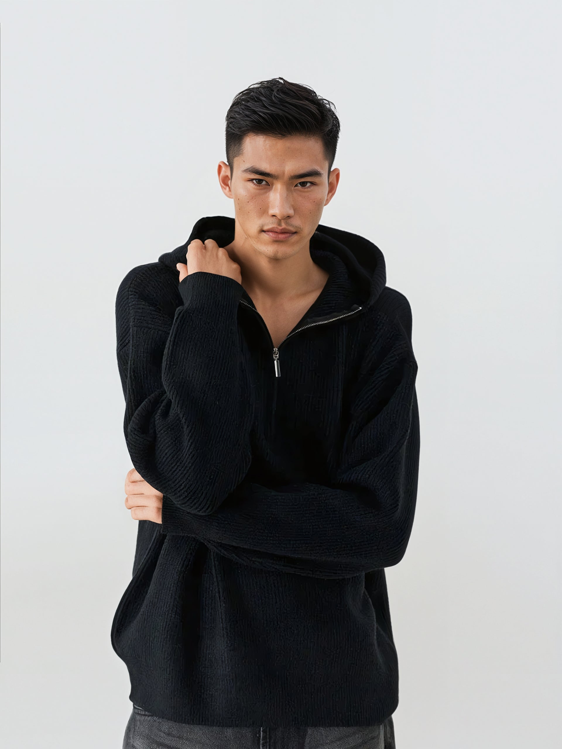 Ribbed Half Zip Knit Hoodie