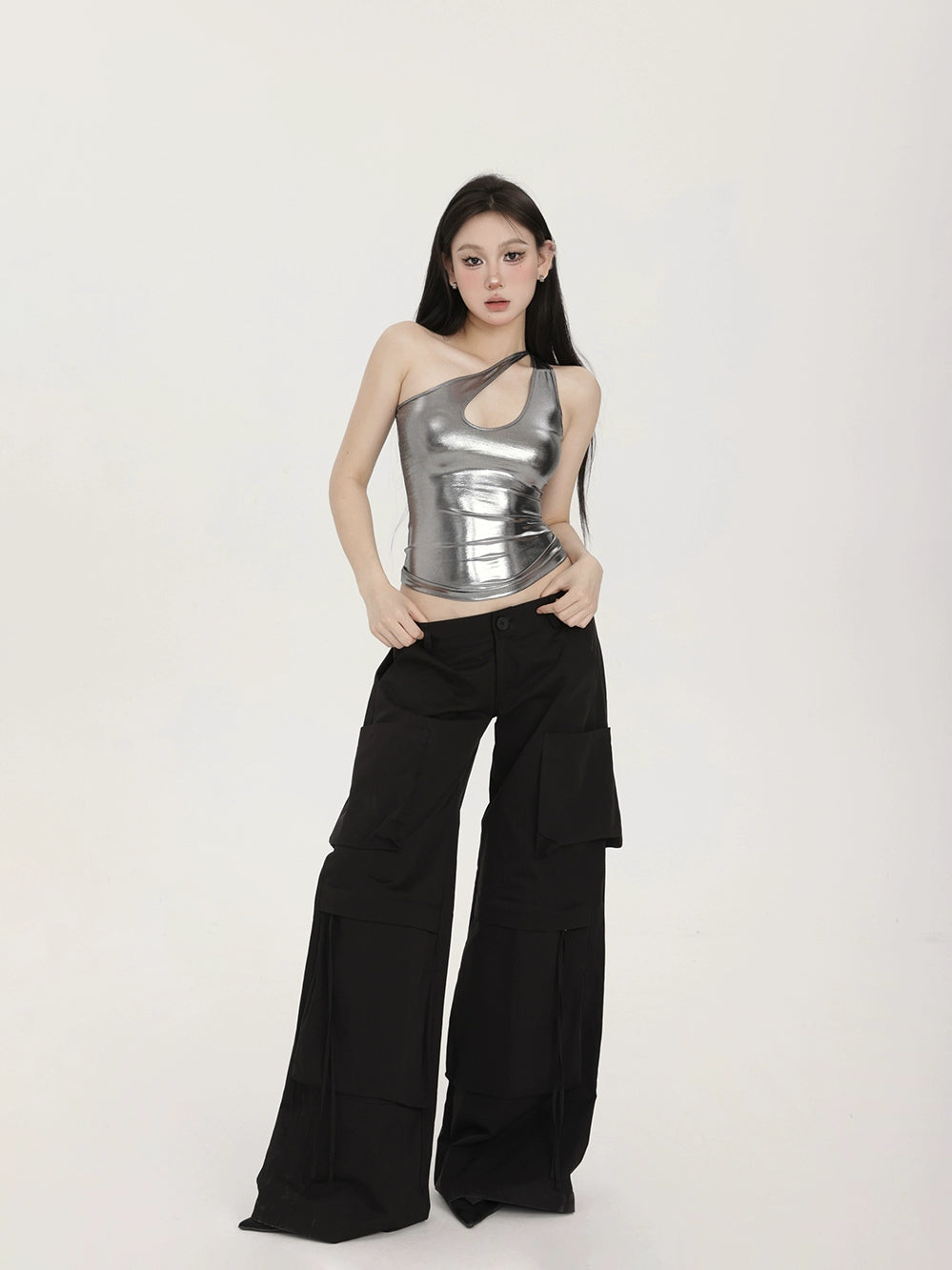 Metallic Asymmetric Cut-Out Halter Neck Crop Top