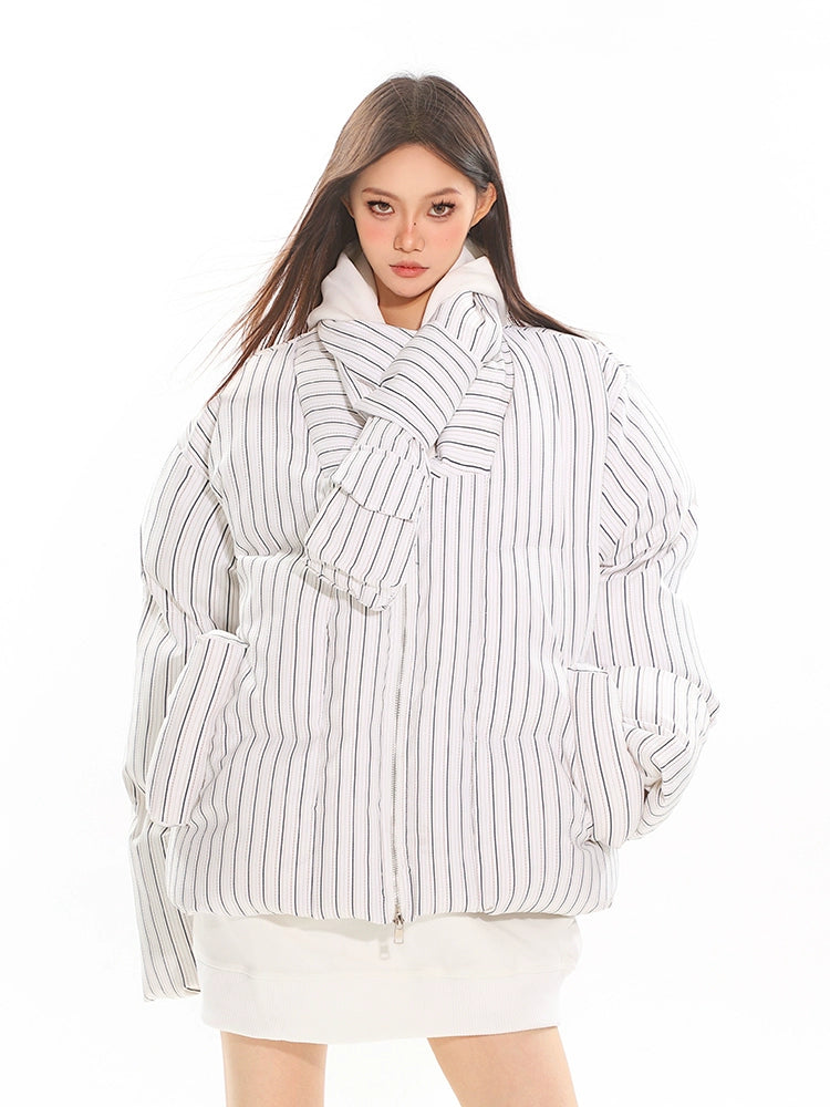 Oversized Pinstripe Puffer Jacket with Scarf