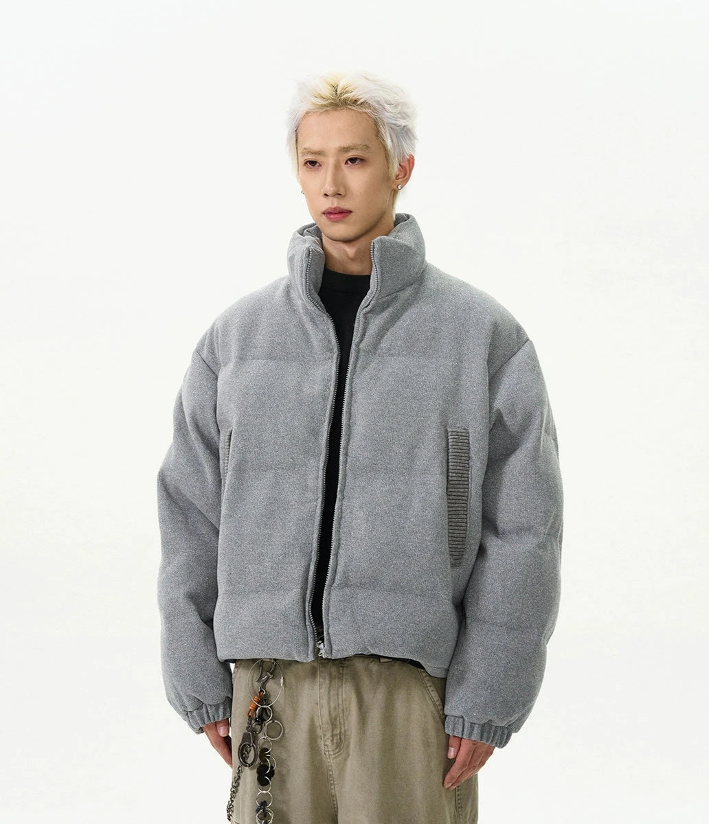 Textured Mid-Crop Puffer Jacket with Ribbed Pocket Details