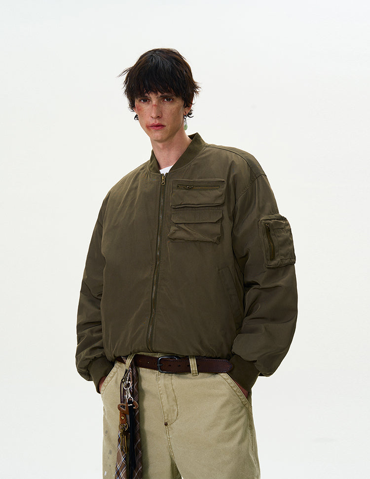 Drop Shoulder Oversized Bomber Jacket with Sleeve Zip Pocket